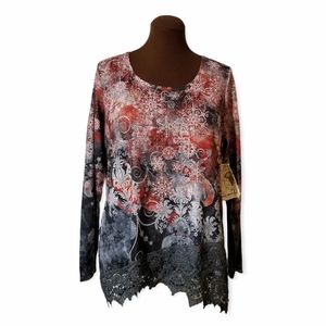 One World Red Printed Embellished Lace Long Sleeve Top